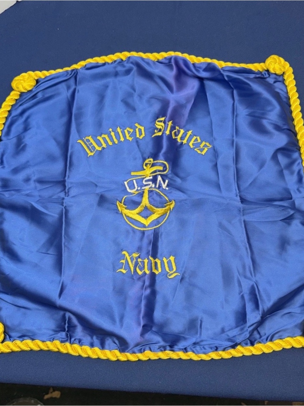 United States Navy Embroidered Satin Pillow Cover - Royal Blue & Gold. 18”x17”